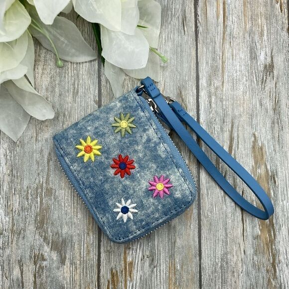 Women's Blue Washed Denim Flower Embroidered Wristlet Wallet Bag Purse - Picture 1 of 9